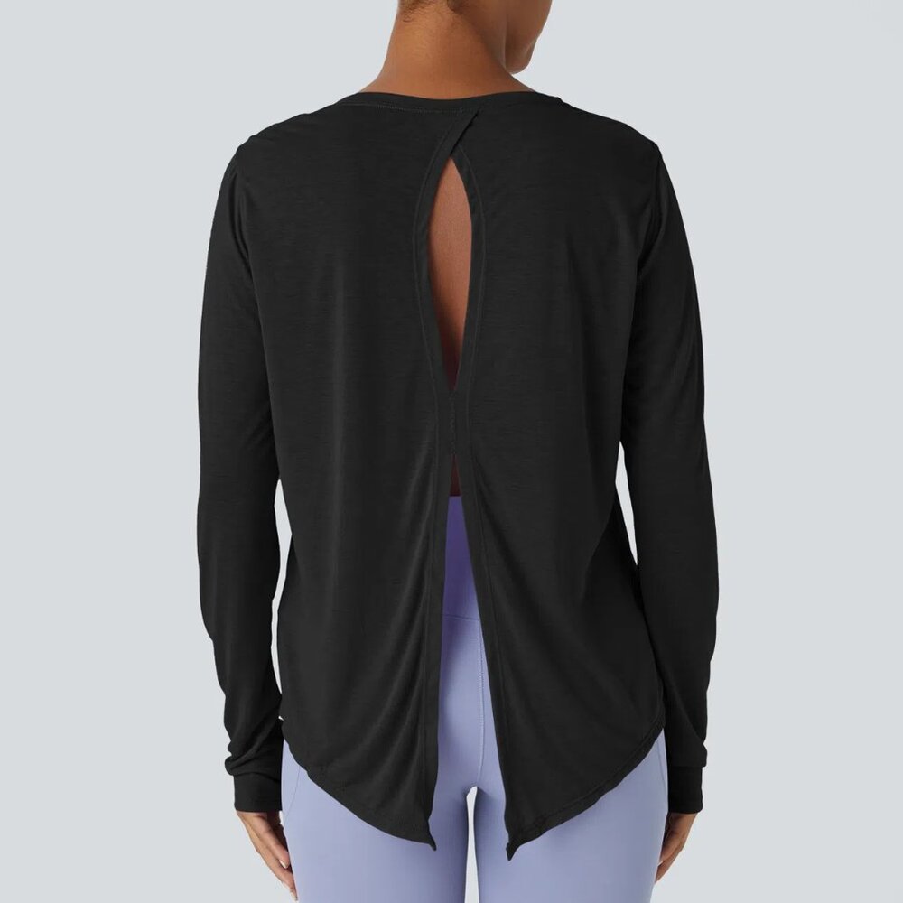 HALARA Black Split Tie Back Long Sleeve Workout Top NWT - Picture 1 of 9